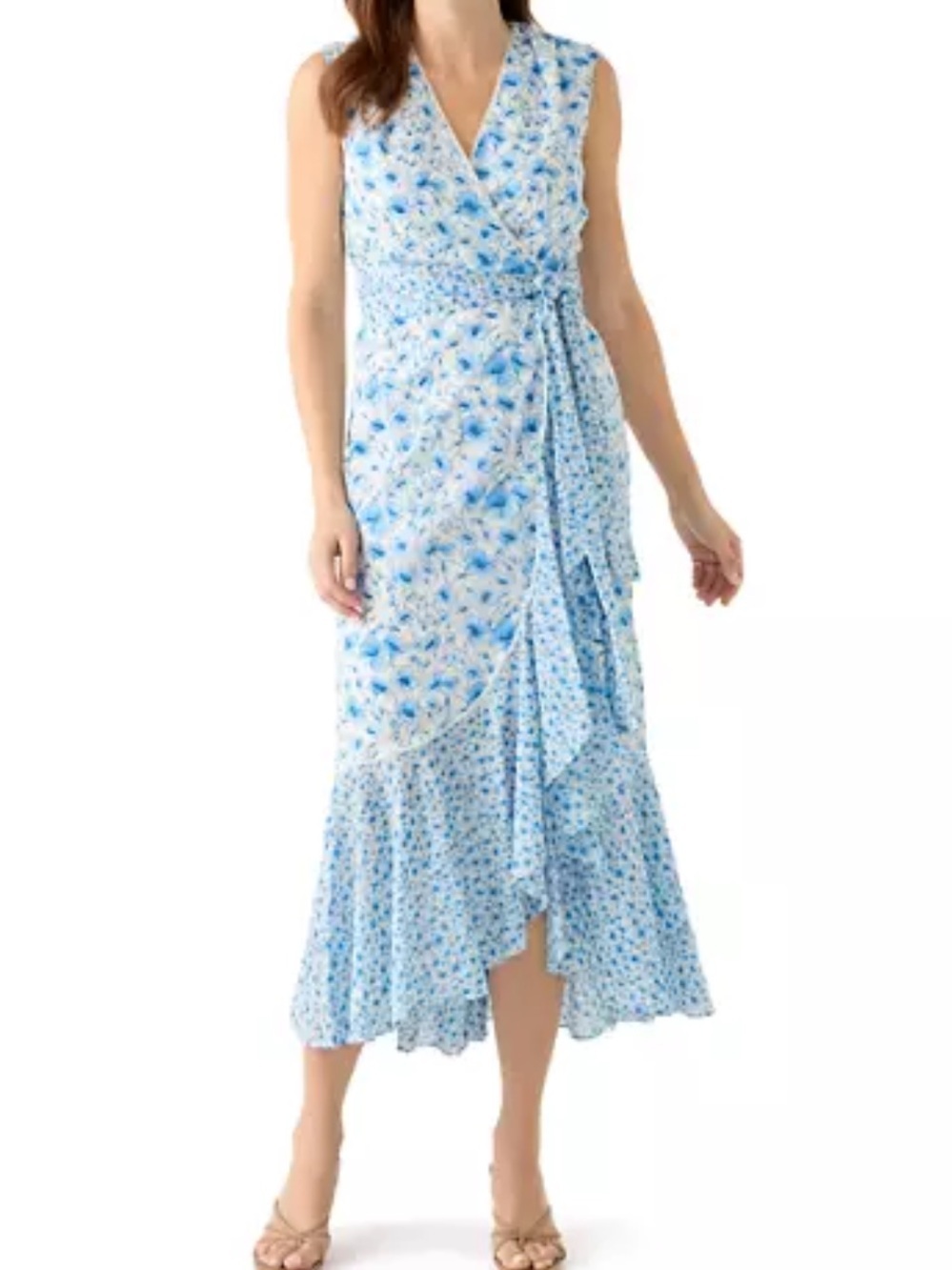 Maison Tara Blue & White Mixed Floral Midi Dress Smocked Back Size 16 NWT